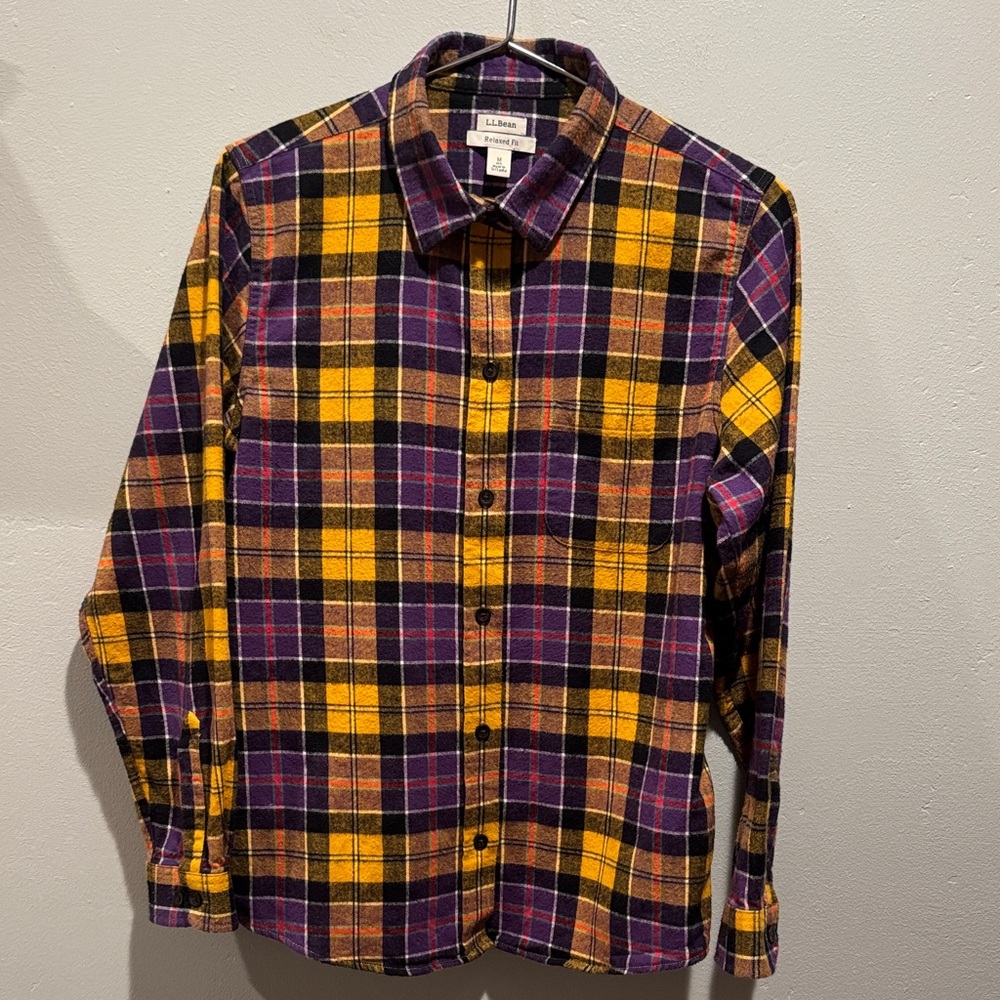 L.L. Bean Relaxed Fit Scotch Yellow & Purple Plaid Flannel Button Down Shirt Top
